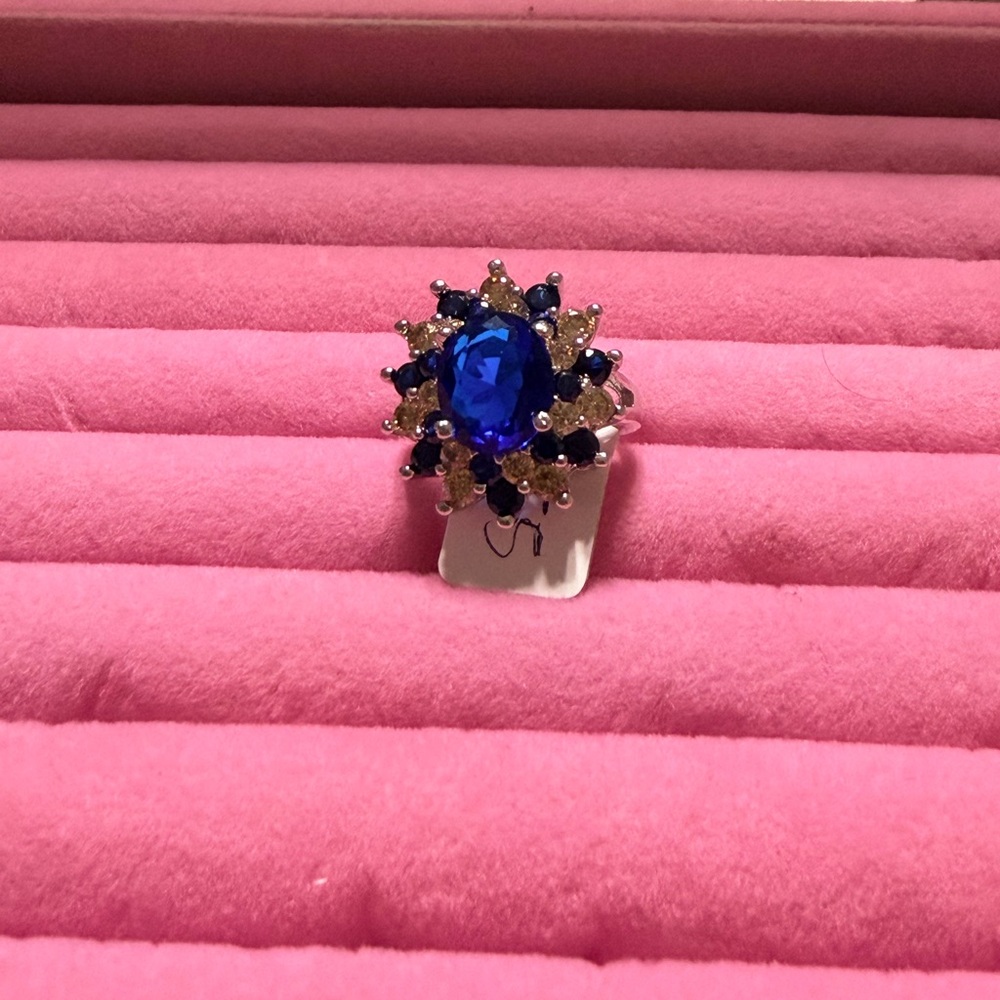 Sterling silver blue and champagne cz ring size 6